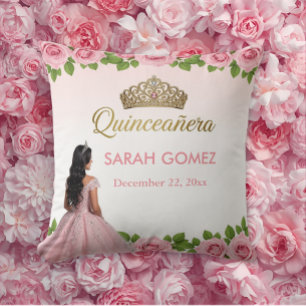Almofada Vestido de Princesa Rosa Tiara Dourada Quinceañera