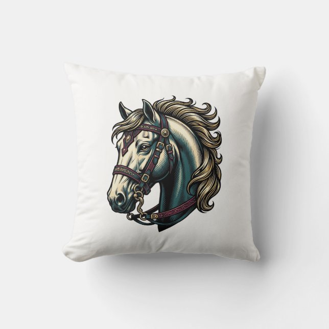 Almofada Vetor de Cabeça de Cavalo de Gravura Antiga (Frente)