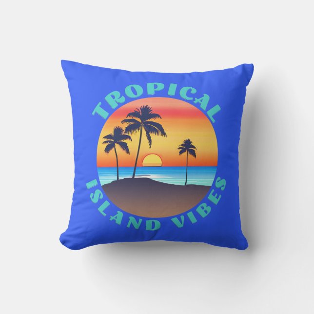 Almofada Vibrações de Ilha Tropical, Pôr do Sol com Palmeir (Frente)