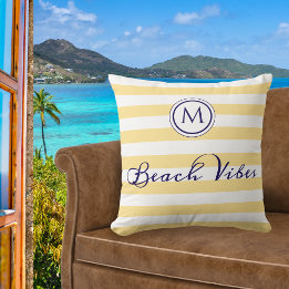 Almofada Vibrações de Praia Listra Amarela Monogramada de V