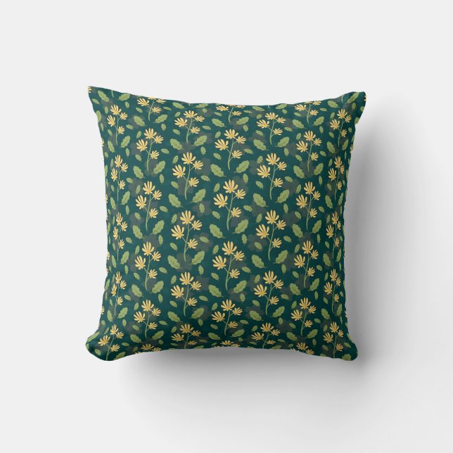 Almofada Vibrant Green Pattern with Yellow Flowers & Leaves (Frente)