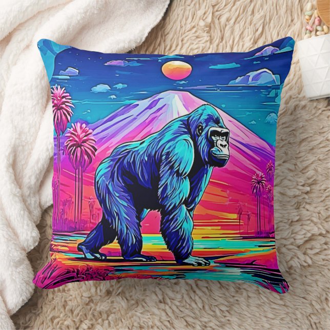 Almofada Vibrant Neon Gorilla em uma cena da selva surreal (Cobertor)