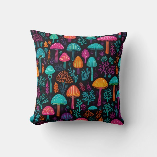 Almofada Vibrant Neon Mushroom Magic: Unique Patterns  (Frente)