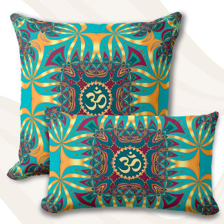 Almofada Vibrante Mandala Quadrada Om Batik Tribal Teal Dou