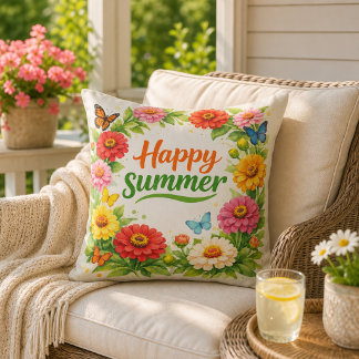 Almofada Vibrantes Flores de Zínia Feliz Verão Branco