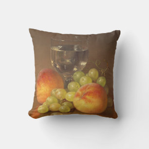 Almofada Vida estática, vinho, dois pêssegos, Fruta e vinho