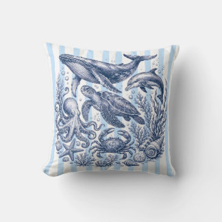 Almofada Vida Marinha Vintage Azul Listra Náutica