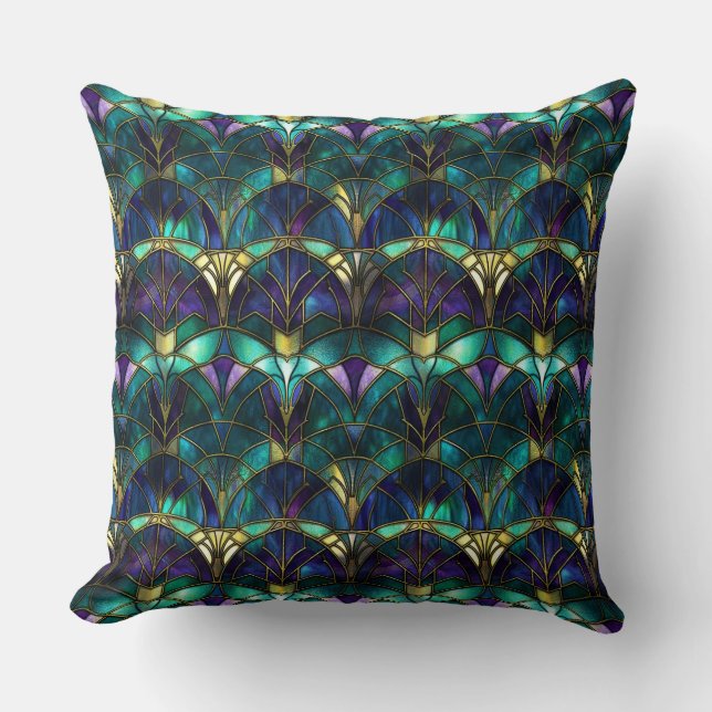 Almofada Vidro Manchado Pavão Azul, Roxo e Dourado (Frente)