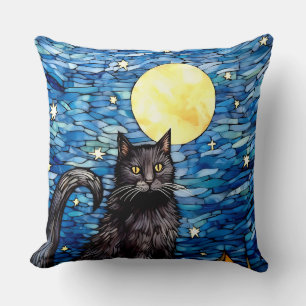 Almofada Vidro Negra Gato Negra Estrelado Noite Estrelada