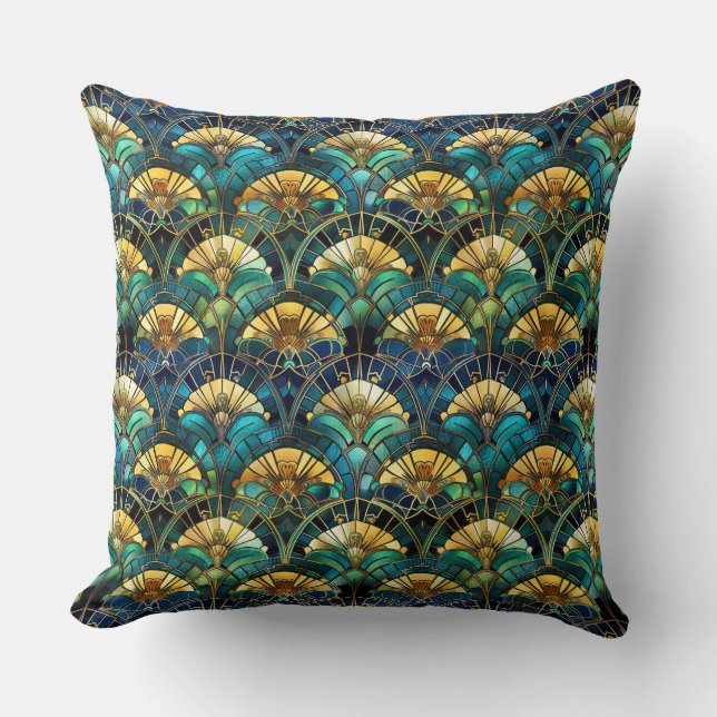 Almofada Vidro Policromado Pavão Azul, Turquesa e Dourado (Frente)