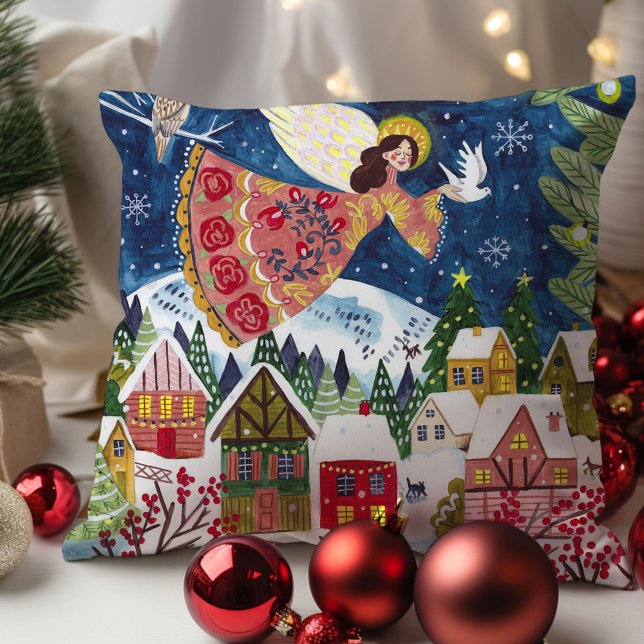 Almofada Vila de Anjo Fofo Natal (Angel Peace on Earth Christmas Throw Pillow)