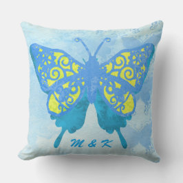 Almofada Vintage amarelo azul Handpaint da borboleta da