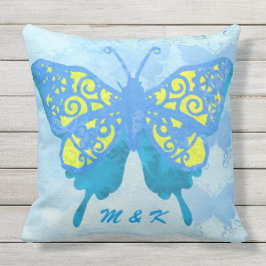 Almofada Vintage amarelo azul Handpaint da borboleta da
