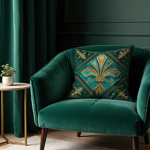 Almofada Vintage Art Deco Fleur-de-lis - Verde e ouro