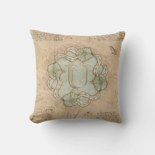 Almofada Vintage artesanal Letra U Palavra Arte Verde Doura