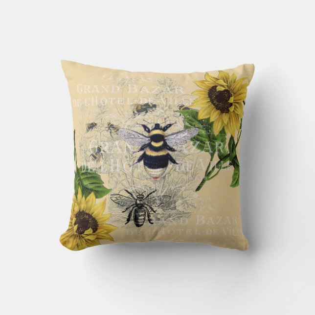 Almofada Vintage Bee Sunflower Cream Nature Travesseiro dec (Frente)