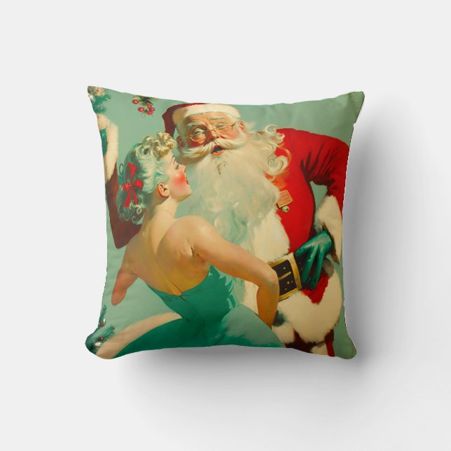 Almofada Vintage "Beijar Papai Noel", Natal Azul (Frente)