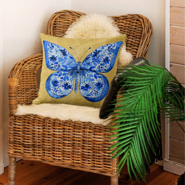 Almofada Vintage Blue Butterfly Dourada Damask Antiguamente (Criador carregado)