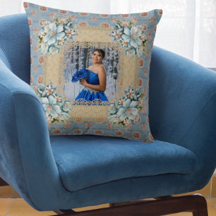 Almofada Vintage Blue Damask Quinceañera Memory
