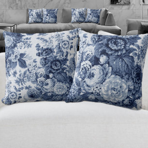 Almofada Vintage branco preto Toile floral do tom do azul