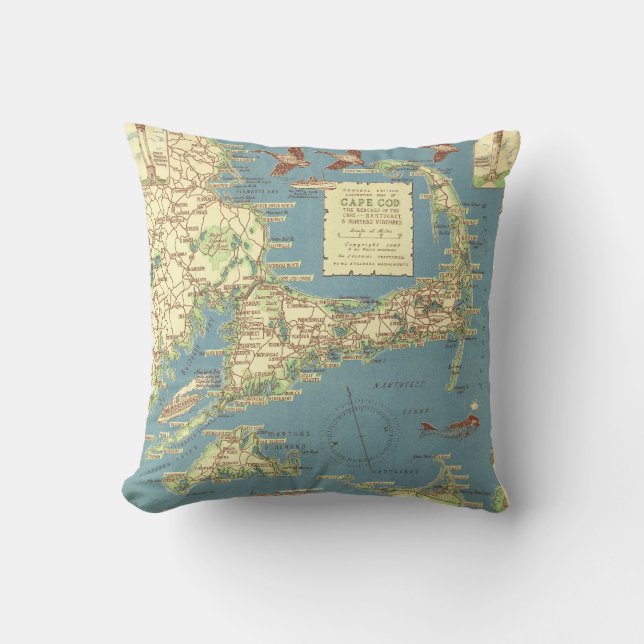 Almofada Vintage Cape Cod Mapa (1940) (Frente)