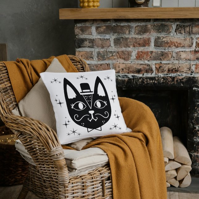 Almofada Vintage Cat Monocromo Top Hat Design (Vintage Cat Monochrome Top Hat Design Throw Pillow)