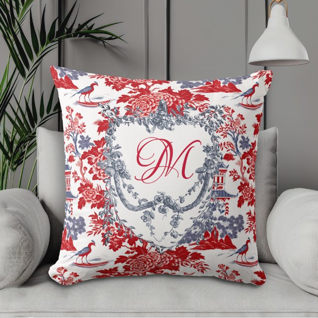 Almofada Vintage Chinoiserie Delft French red Blue monogram (Criador carregado)