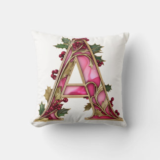 Almofada Vintage Christmas Pink Gold Holly Monogram A