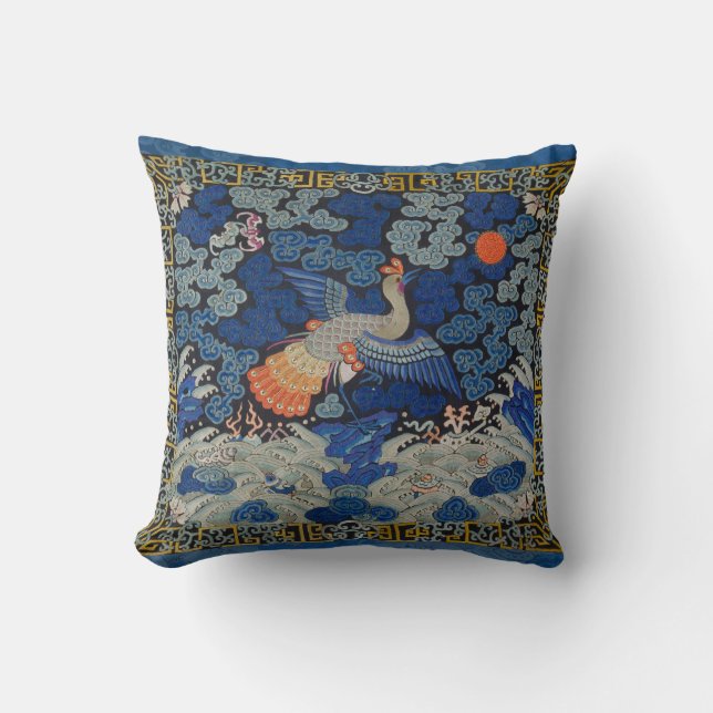 Almofada Vintage de bordado chinês azul-pássaro (Frente)