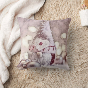 Almofada Vintage Desenho de um Gnomo Rosa na neve