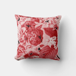 Almofada Vintage do vermelho de cereja botânico & inseto