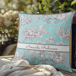 Almofada Vintage floral aqua azul toile de jouy monograma