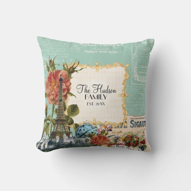 Almofada Vintage Floral Rosa Torre Eiffel Marie Antoinette (Frente)