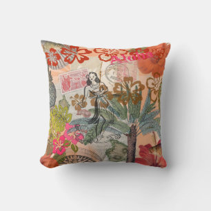 Almofada Vintage Flowers Hula Colorful Hawaiian Tropical