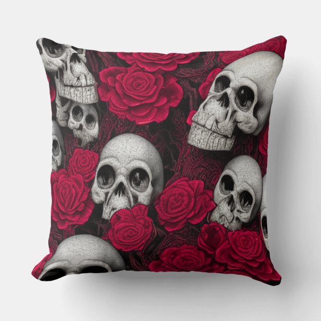 Almofada Vintage Gothic Skulls Rosa vermelha Garden (Frente)