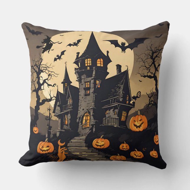 Almofada Vintage Halloween Hauneen House, Pumpkins, Bats (Frente)