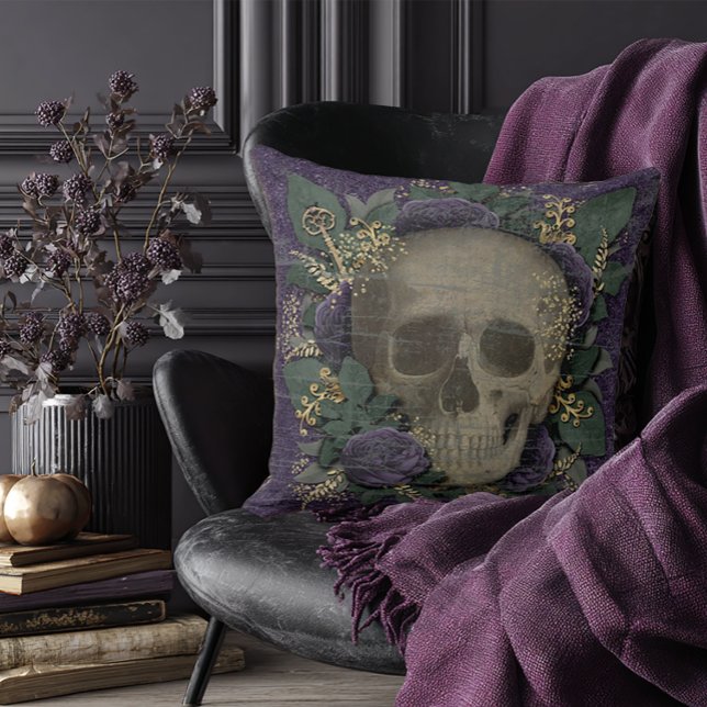 Almofada Vintage Halloween Skull (Purple Floral Skull Pillow)