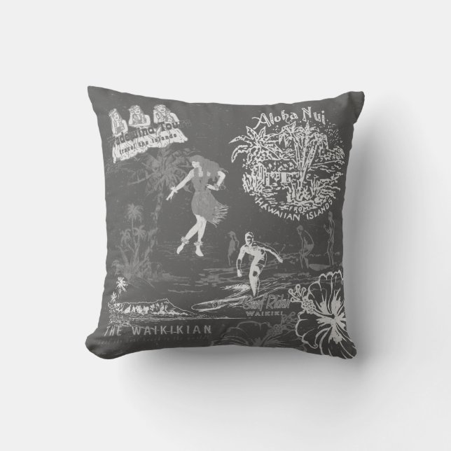 Almofada Vintage havaiana Viagem Collage Cinza Reversible (Frente)