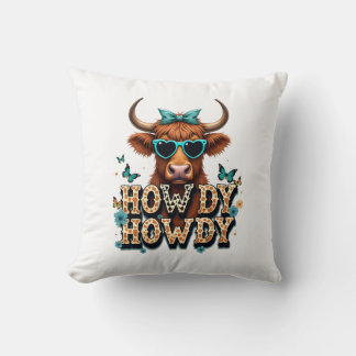 Almofada Vintage Howdy Vaca das Terras Altas com Óculos de 