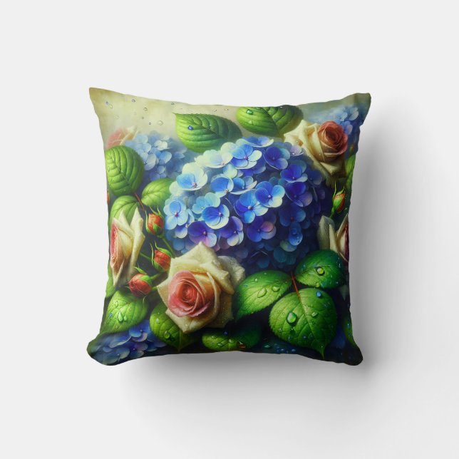 Almofada "Vintage Hydrangeas e Rosas em Chuva" (Frente)