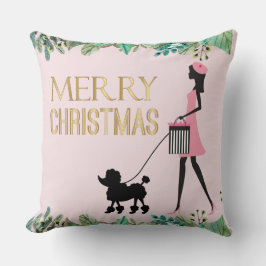 Almofada Vintage Lady andando no poodle negro Feliz Natal