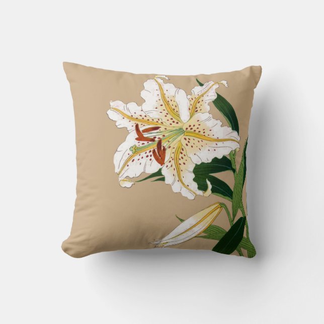 Almofada Vintage, Liliy Japonês. Branco, Verde e bege (Frente)