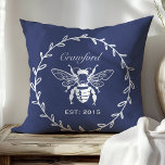 Almofada Vintage Marinho Honey Bee Laurel Honeycomb Monogra<br><div class="desc">Trendy Chic Vintage Honey Bee com Travesseiros Laurels Monogramas. Este travesseiro reversível tem um padrão moderno de almôndegas no verso com data estabelecida personalizada. Personalize esta travesseiro para uma festa de casamento ou para um presente adorável. Escolha a cor do seu próprio travesseiro usando a ferramenta de seleção de cores....</div>
