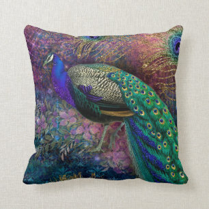 Almofada Vintage Peacock Feather Floral Marinho Teal Dourad