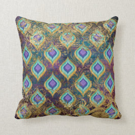 Almofada Vintage Peacock Feather Gold Foil Scrollwork IKAT