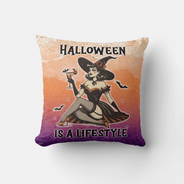 Almofada Vintage Pin-Up Halloween Bruxa Dois Impressão (Frente)