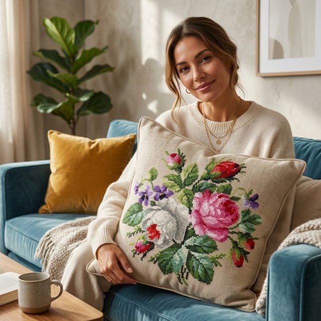 Almofada Vintage Pink and WhiteFloral Cross Stitch (Criador carregado)