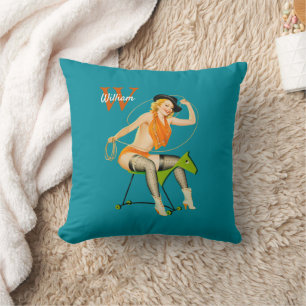 Almofada Vintage Pinup Girl - Cowgirl Riding Wooden Horse