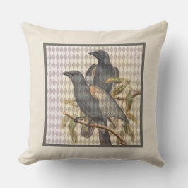 Almofada Vintage Raven Ephemera sobre o padrão Cream Harleq