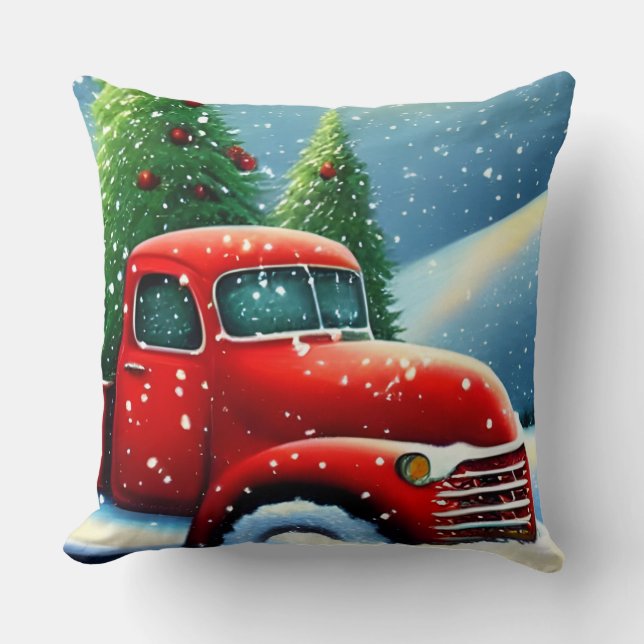 Almofada Vintage Red Truck and Snow Trees (Frente)
